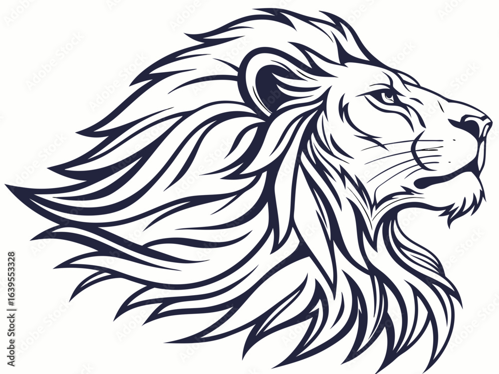 Fototapeta premium Majestic Lion Head Profile, Vector Graphic Design , This striking black and white vector graphic portrays a lion's head in profile view.