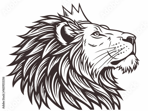 Majestic Lion Head Profile, Vector Graphic Design ,  This striking black and white vector graphic portrays a lion's head in profile view.
