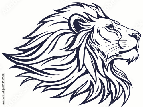 Majestic Lion Head Profile, Vector Graphic Design ,  This striking black and white vector graphic portrays a lion's head in profile view.