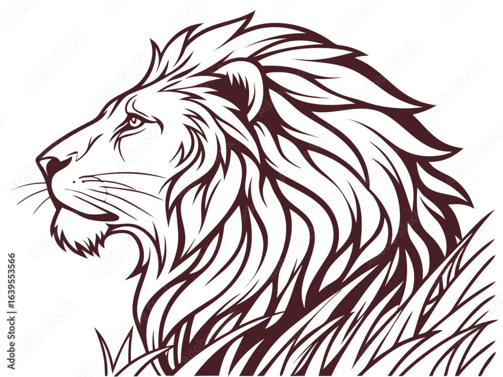 Obraz premium Majestic Lion Head Profile, Vector Graphic Design , This striking black and white vector graphic portrays a lion's head in profile view.