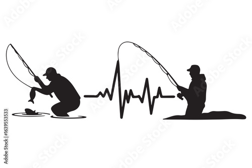 Fishing heartbeat silhouette design with anglers and fish