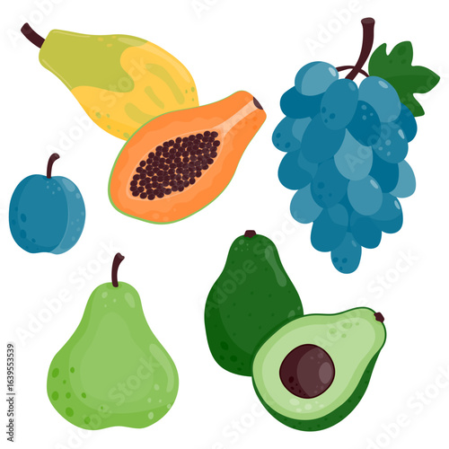 Set of ripe juicy fruits. Papaya, plum, avocado, pear, grape.
