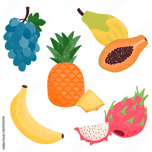 Set of ripe juicy fruits. Papaya, pitaya, banana, pineapple, grapes.