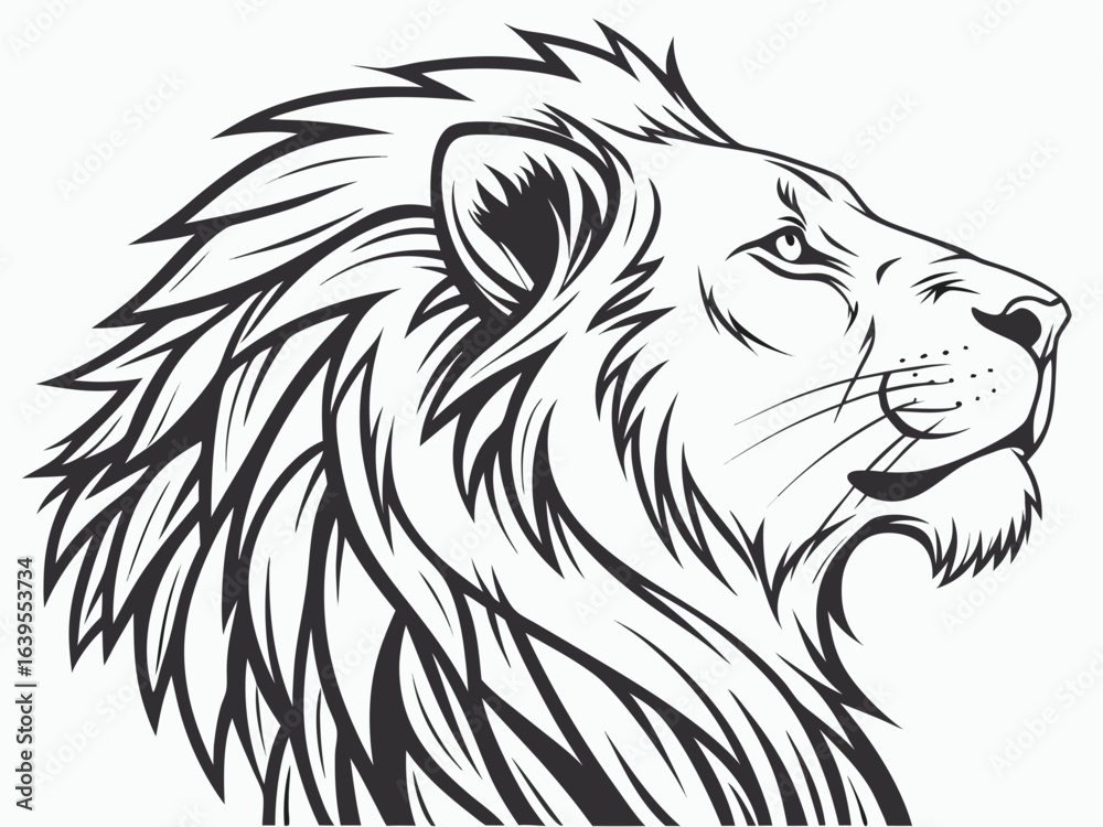 Fototapeta premium Majestic Lion Head Profile, Vector Graphic Design , This striking black and white vector graphic portrays a lion's head in profile view.