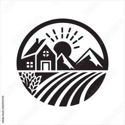 Black and white farm landscape with house mountains sunburst and wheat field in a circle.