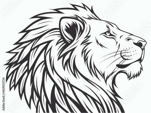Majestic Lion Head Profile, Vector Graphic Design ,  This striking black and white vector graphic portrays a lion's head in profile view.