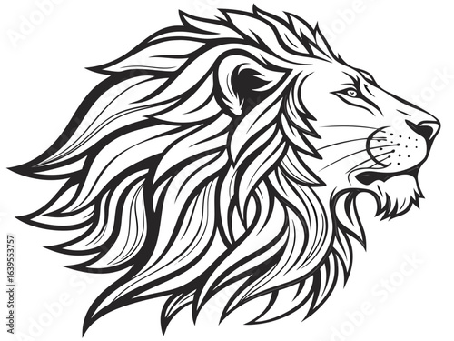 Majestic Lion Head Profile, Vector Graphic Design ,  This striking black and white vector graphic portrays a lion's head in profile view.