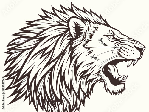Majestic Lion Head Profile, Vector Graphic Design ,  This striking black and white vector graphic portrays a lion's head in profile view.