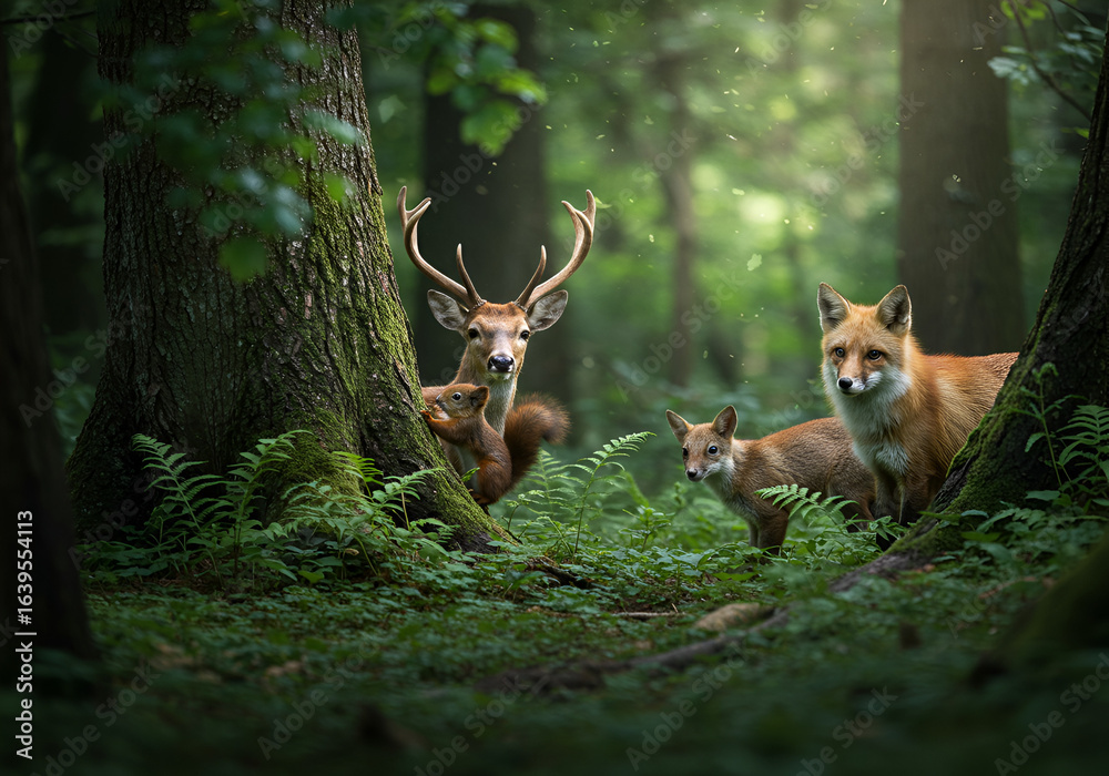 Forest Wildlife Peeking Through Dense Green Foliage Forest Wildlife Peeking Through Dense Green Foliage