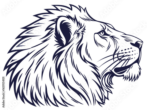 Majestic Lion Head Profile, Vector Graphic Design ,  This striking black and white vector graphic portrays a lion's head in profile view.