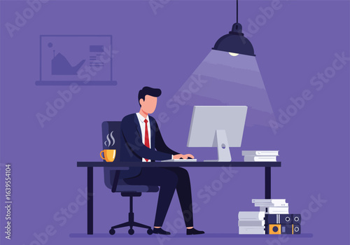 Vector illustration of a dedicated professional and business builder working at his office desk with a computer and paperwork