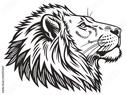 Majestic Lion Head Profile, Vector Graphic Design ,  This striking black and white vector graphic portrays a lion's head in profile view.