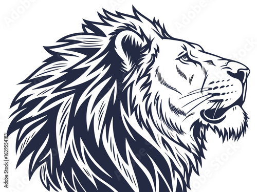 Majestic Lion Head Profile, Vector Graphic Design ,  This striking black and white vector graphic portrays a lion's head in profile view.