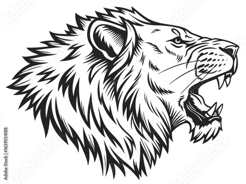 Majestic Lion Head Profile, Vector Graphic Design ,  This striking black and white vector graphic portrays a lion's head in profile view.