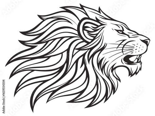 Majestic Lion Head Profile, Vector Graphic Design ,  This striking black and white vector graphic portrays a lion's head in profile view.