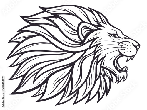 Majestic Lion Head Profile, Vector Graphic Design ,  This striking black and white vector graphic portrays a lion's head in profile view.