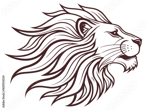Majestic Lion Head Profile, Vector Graphic Design ,  This striking black and white vector graphic portrays a lion's head in profile view.