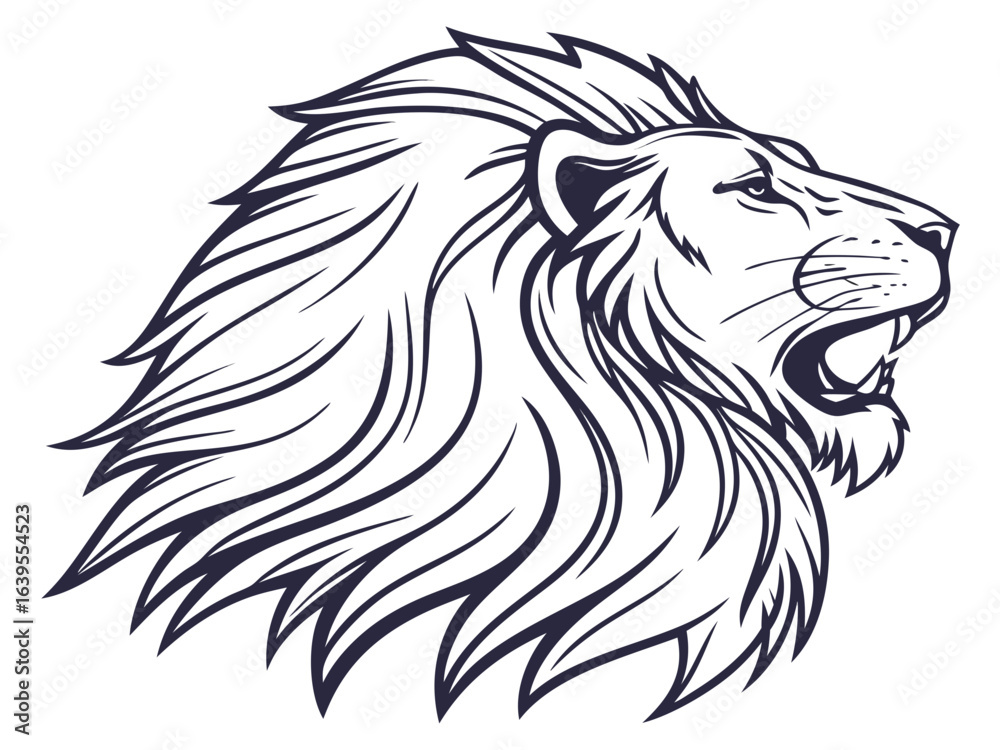 Fototapeta premium Majestic Lion Head Profile, Vector Graphic Design , This striking black and white vector graphic portrays a lion's head in profile view.