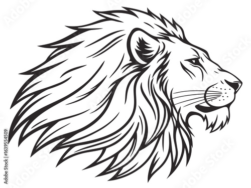 Majestic Lion Head Profile, Vector Graphic Design ,  This striking black and white vector graphic portrays a lion's head in profile view.