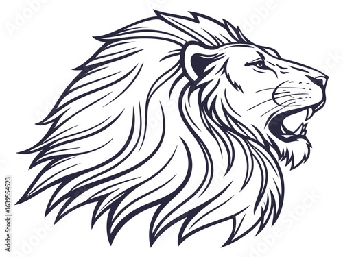 Majestic Lion Head Profile, Vector Graphic Design ,  This striking black and white vector graphic portrays a lion's head in profile view.