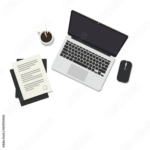 Laptop, documents, coffee, and mouse on a desk; a minimalist workspace setup.