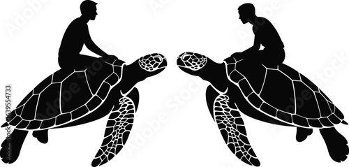 Silhouette of two men riding sea turtles, black and white fantasy illustration, marine wildlife concept, ocean creature art design