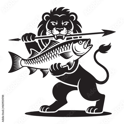 Heraldic lion holding fish in black and white