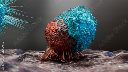 body immune response viral infection, lymphocytes, Cancer Immunotherapy, T cell and B-cell immune system fighting viruses, flagella, Dendritic or cancer tumor cells, Bacteria, 3d render