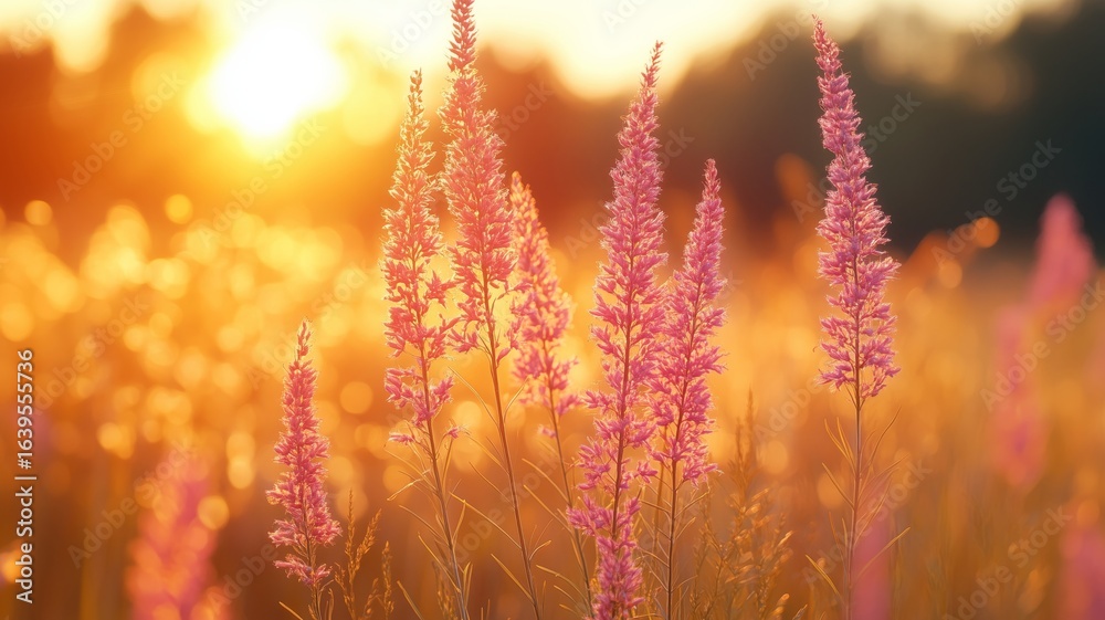 Obraz premium Close-Up Nature Flowers Field Sunset Serene Atmosphere