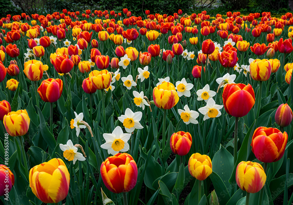 Fototapeta premium Vibrant Garden Filled with Colorful Tulips and Daffodils Blooms