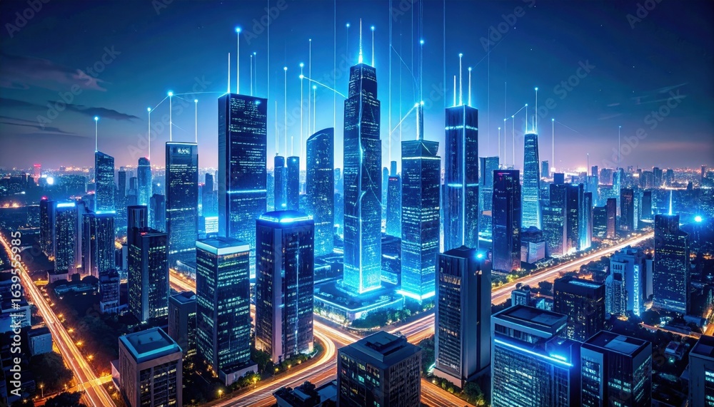 Obraz premium Futuristic City Skyline At Night With Glowing Connections