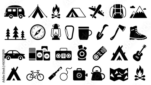 Essential camping and outdoor adventure icons for your next journey, featuring tents, compasses, guitars, and more for exploration and fun