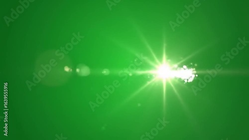 Shooting star streaks across transparent green background with bright light and lens flares