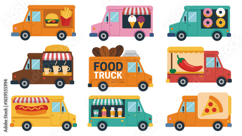 Vibrant collection of diverse food trucks offering delicious treats like burgers, donuts, coffee, ice cream, hot dogs, and pizza, perfect for culinary themes.