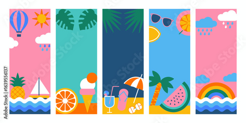 Vibrant summer vacation scenes featuring beach fun, tropical treats, and sunny skies for joyful getaways