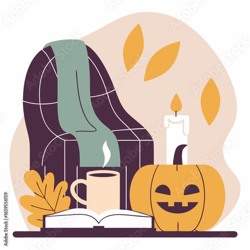 Cozy armchair with pumpkin, coffee, candle, and autumn leaves  