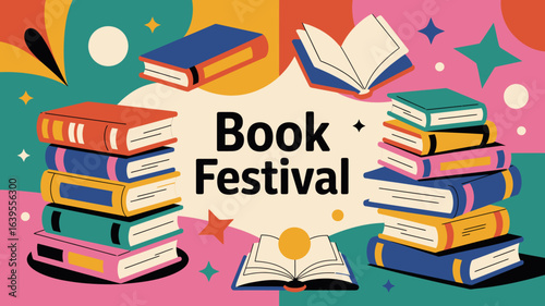 Vibrant book festival celebration with colorful stacks of books and dynamic graphic elements, perfect for literary events and promotions