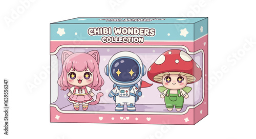 Chibi Character Toy Box Packaging with Cute Cat Girl, Astronaut, and Mushroom