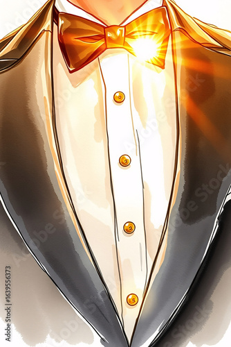 Hand-drawn illustration of a dapper groom in a tailored suit with a bowtie and vest.