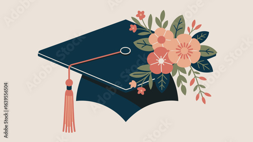 Elegant graduation cap adorned with vibrant floral bouquet celebrating academic achievement and bright future