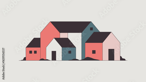 Charming geometric village scene with colorful modern houses creating a cozy, inviting community atmosphere for diverse applications