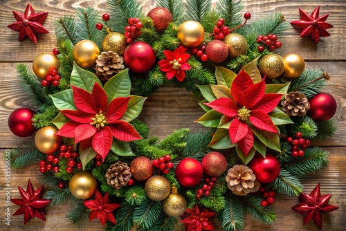 Festive christmas wreath with poinsettia, red and gold ornaments on wooden table, perfect for holiday decoration and seasonal celebration
