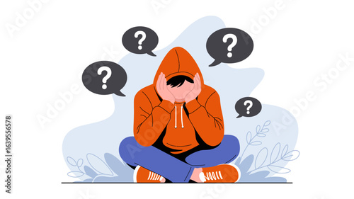 Confused teenager overwhelmed by questions and doubt, seeking answers in thoughtful contemplation, symbolizing uncertainty and mental struggle.