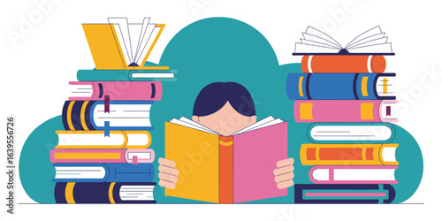 Enthusiastic student deeply engrossed in reading stacks of colorful books, expanding knowledge and imagination.