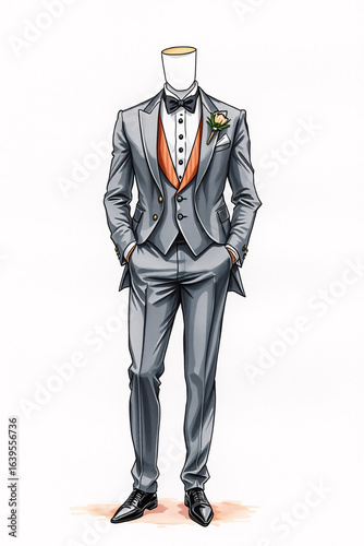 Hand-drawn illustration of a dapper groom in a tailored suit with a bowtie and vest.