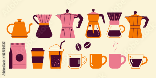 Vibrant coffee collection featuring pour-over brewers, espresso makers, cups, and beans for a delightful cafe experience.