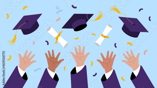 Excited graduates toss caps and diplomas in a celebratory explosion of confetti, marking a triumphant milestone achievement and bright future.