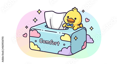 Kawaii Duck with Comfort Tissue Box Illustration