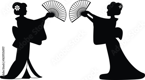 Traditional Japanese women silhouette, dancing with fans, wearing kimono, cultural performance, geisha art, elegant pose, heritage celebration, black outline