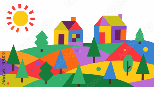 Vibrant abstract landscape with colorful houses and trees under a bright sun, evoking cheerful, playful, and idyllic rural vibes